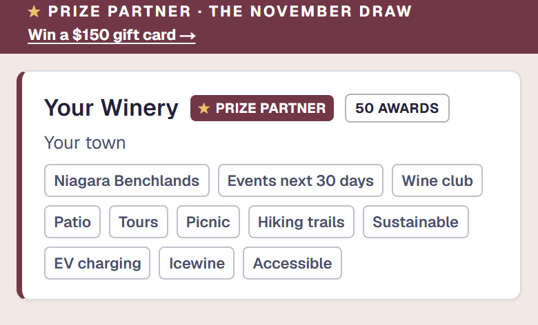 Example winery directory with a Prize Partner band at the top