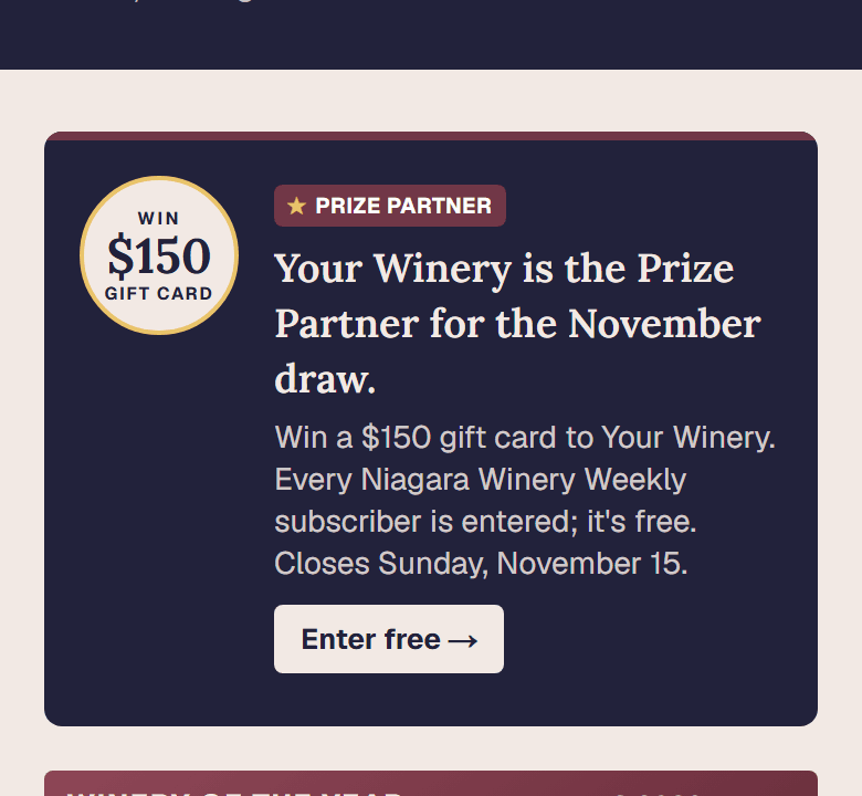 Example winery page with its Prize Partner card