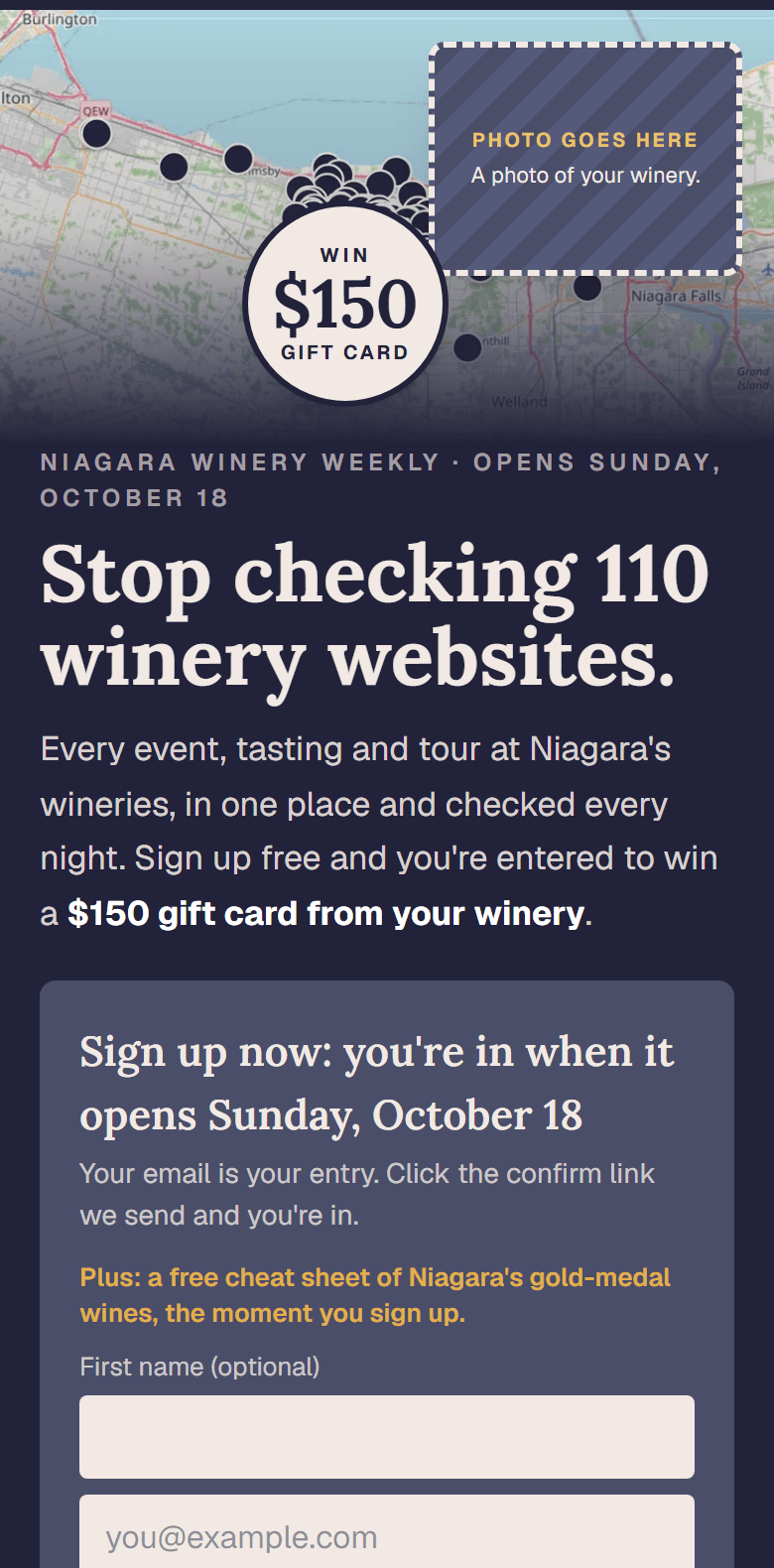Example landing page with the partner's gift card as the headline